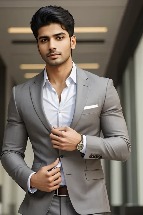 Create an ultra realistic half body image of an extremely attractive young man exuding confidence and professionalism in his attire. he should have sharp features, mesmerizing hazel eyes, and a symmetrical face that radiates grace. The background should be...