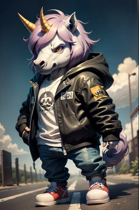 c4tt4stic, cartoon unicorn horse in jacket black and skateboard, sunglasses,