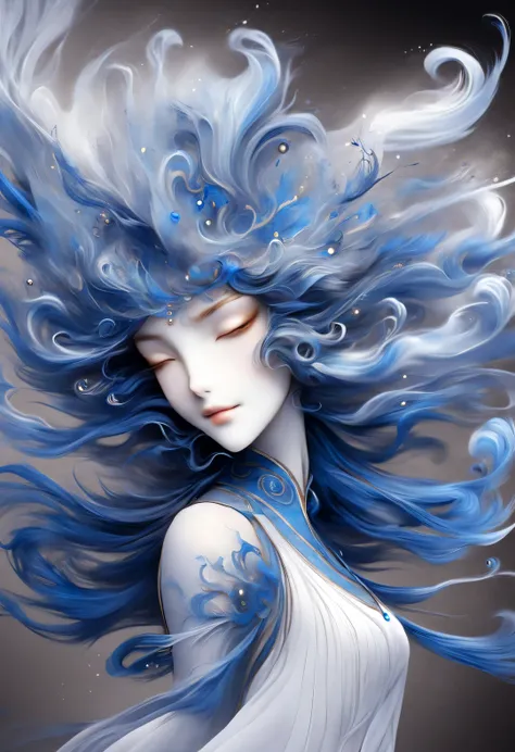 ink art of blue dancing hair，wallpaper phone