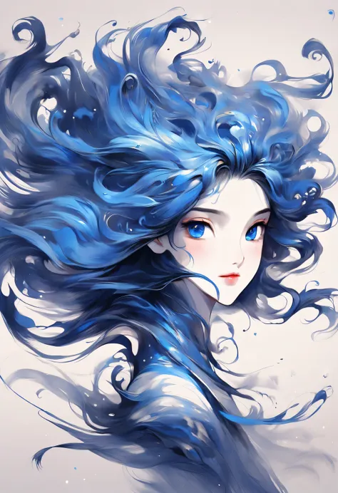 ink art of blue dancing hair，wallpaper phone