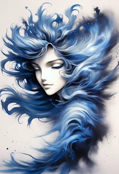 ink art of blue dancing hair，wallpaper phone，splash ink，airbrush art