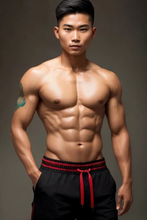 Myanmar man, with a captivating attractive face and a low fade hair style, showcases a well-built body covered in beads of sweat, revealing his toned muscles. His bright skin is a testament to his health and vitality. A distinguishable tattoo adorns his bo...