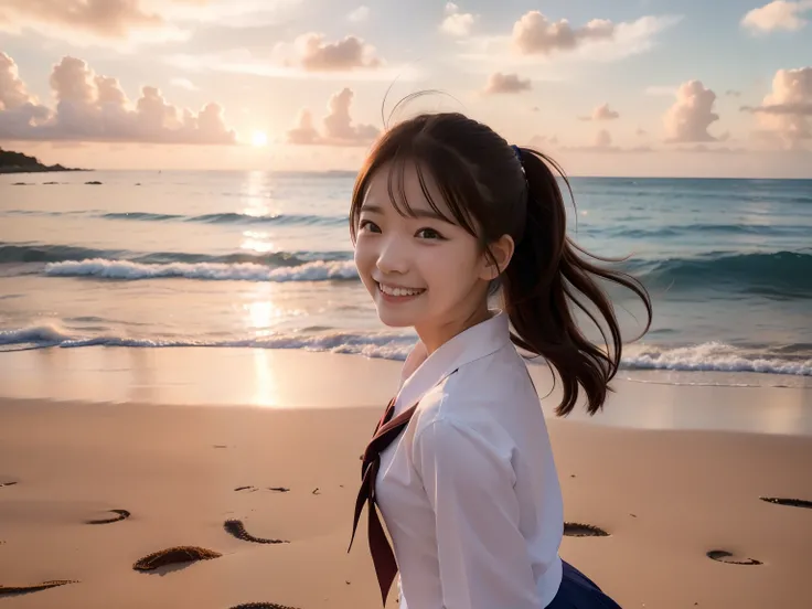 (highest quality、8K、32K、masterpiece）Beautiful woman、smile、In school uniform、sunset,Sea、hair blowing in the wind、walk on the sandy beach