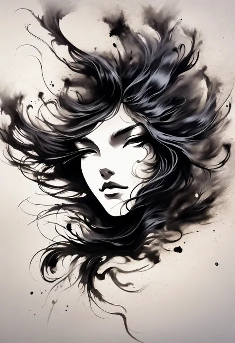 ink art of black dancing hair，wallpaper phone，splash ink，airbrush art