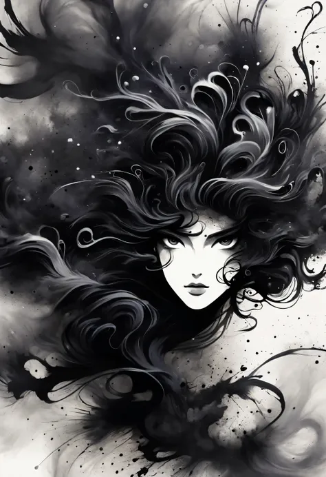 ink art of black dancing hair，wallpaper phone，splash ink，airbrush art