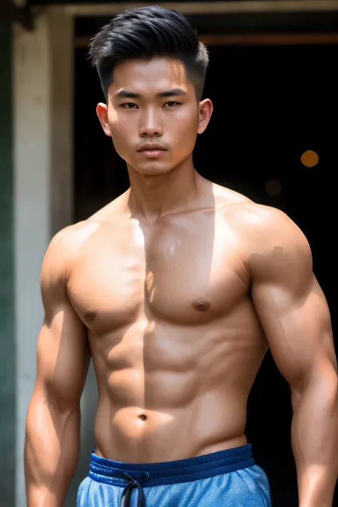 Myanmar man, proudly showcasing his attractive man face and muscular, sweat-drenched body, is captured in a full-body image. With a low fade hair style, his robust physique is accentuated by the bright, cool-toned color grading. The high-angle shot uses a ...