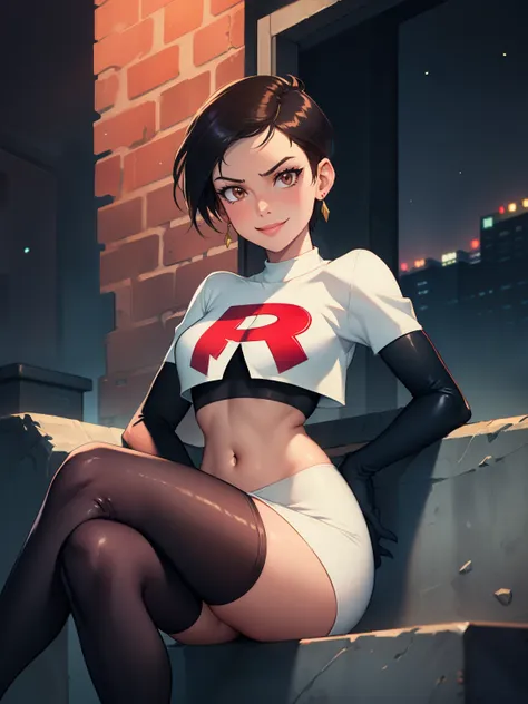 1girl ,lois lane, tan ,short hair ,brown eyes, black hair, ,earrings, glossy lips ,team rocket uniform, red letter r, white skir...