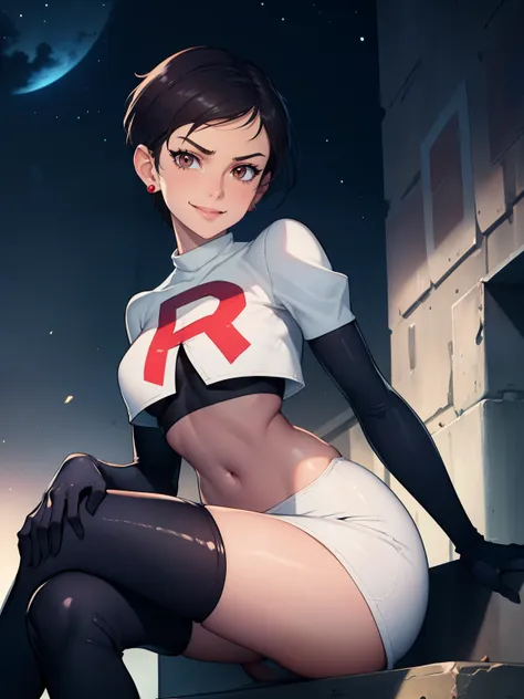 1girl ,lois lane, tan ,short hair ,brown eyes, black hair, ,earrings, glossy lips ,team rocket uniform, red letter r, white skir...