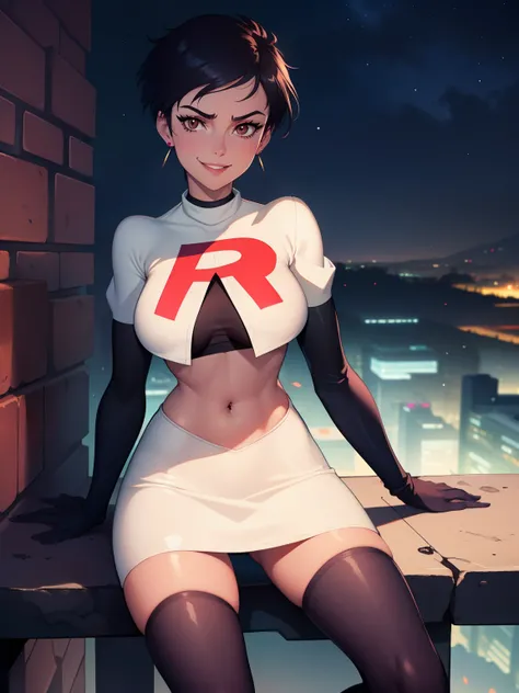 
1girl ,lois lane, tan ,short hair ,brown eyes, black hair, ,earrings, glossy lips ,team rocket uniform, red letter R, white skirt,white crop top,black thigh-high boots, black elbow gloves, evil smile, sitting down ,legs crossed, night sky background