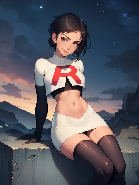 
1girl ,lois lane, tan ,short hair ,brown eyes, black hair, ,earrings, glossy lips ,team rocket uniform, red letter R, white skirt,white crop top,black thigh-high boots, black elbow gloves, evil smile, sitting down ,legs crossed, night sky background