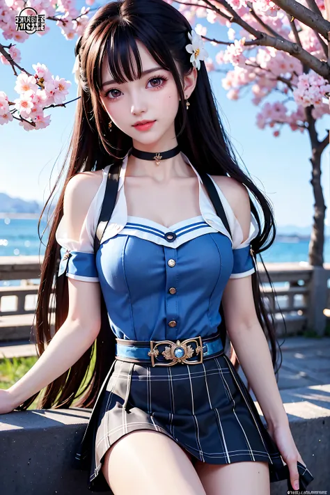 Masterpiece, Superb Style, Full Body, 1Girl, Bangs, Black Choker, Black Tie, Blonde Hair, Blue Skirt, Blush, Bracelet, Beautiful Breasts, Choker, Waist Dress, Collarbone, Collared Shirt, Denim Photos, Dress Shirt, Ear Piercings, Eyebrows Visible Through Ha...