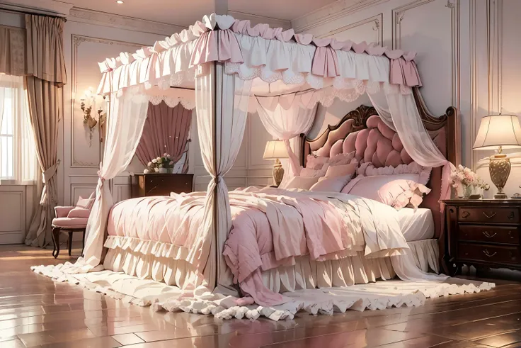 highest quality, masterpiece, highest resolution, artwork, super それにget used to it, many get used to it, get used to it, それにget used to it,(change),luxury pink princess bed,Lots of pillows,ruffle bed skirt,luxury canopy,soft futon,soft pillow,