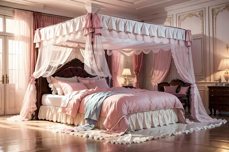 highest quality, masterpiece, highest resolution, artwork, super それにget used to it, many get used to it, get used to it, それにget used to it,(change),luxury pink princess bed,Lots of pillows,ruffle bed skirt,luxury canopy,soft futon,soft pillow,