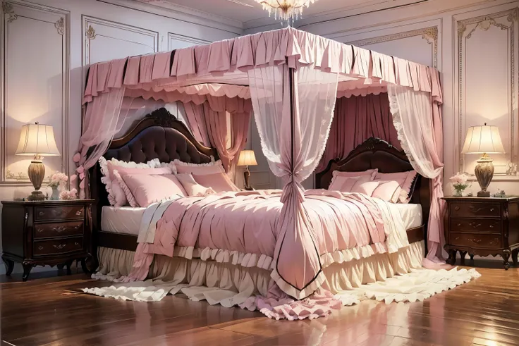 highest quality, masterpiece, highest resolution, artwork, super それにget used to it, many get used to it, get used to it, それにget used to it,(change),luxury pink princess bed,Lots of pillows,ruffle bed skirt,luxury canopy,soft futon,soft pillow,