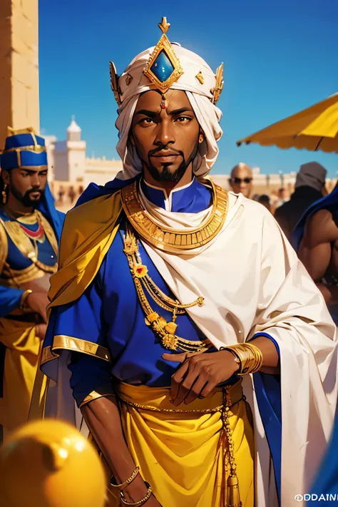 Generate an image depicting Mansa Musa, the historic ruler of the Mali Empire, in a contemporary setting. Place Mansa Musa in a modern context with recognizable elements of todays Mali Empire. Ensure that the image reflects a seamless blend of historical a...