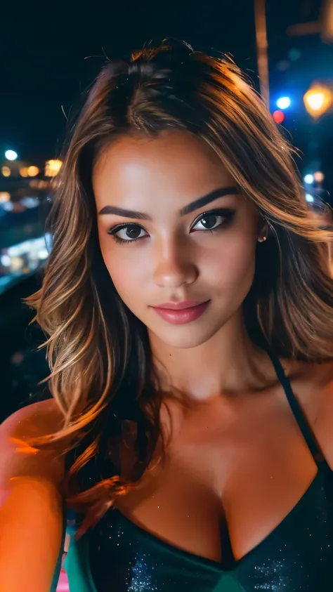 (selfie, top view: 1.4), (straight half of the body: 1.4), RAW UHD portrait photo of a 24-year-old wavy blond (brown-eyed woman), in night club, large cleavage, wearing pink dress, no sleeves, city at night, (lingere), (neckline), details (textures! , hair...