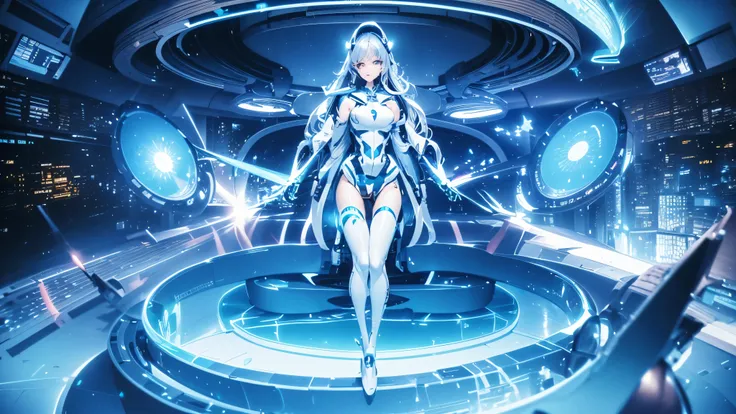 a woman in a futuristic space station with a spaceship in the background, cyborg goddess in cosmos, this character has cryokinesis, anime mecha aesthetic, hologram hovering around her, biomechanical oppai, perfect anime cyborg woman, from the azur lane vid...