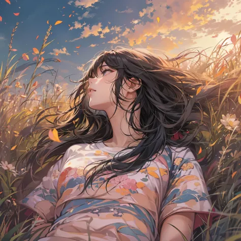 ( highres, ultra detailed, realistic, )(解剖学正确）, 1  girl,long black hair, wind blow，pink white stripe T-shirt, lying on the grass, black eyes，looking at the sky, sunset sky background, ultra - detailed, best quality, Detailed diagram, vectorized, 8K, Graphi...