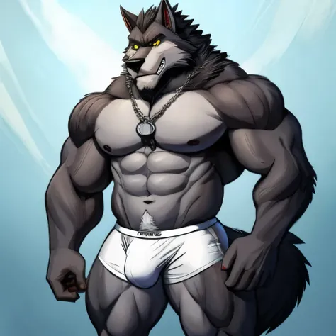 A muscular gray quadruped werewolf with bulge in his underwear plus cartoon character