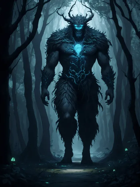 In a mystical forest, a monster forged from the ancient trees and infused with bioluminescent patterns,8k
