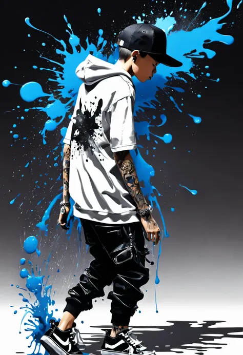 liquid ink painting，splash ink, Anna Dietman style,trash boy，, inked-art, side view,Hip hop fashion design style 