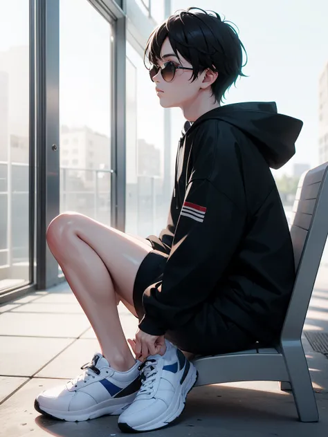 create a 3d illusion for a profile picture where a 14 year old cute boy in black hoodie sitting casualy on a white . wearing  sneakers, and sunglasses he looks ahead 