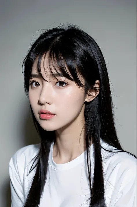 best quality,masterpiece,(available  light:1.2),(actual:1.2),1 girl,alone,black eyes,long black hair,White shirt,(Half body:1.2),