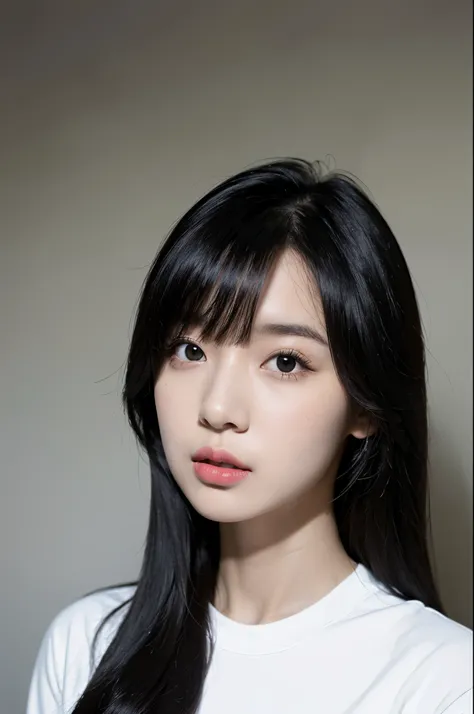 best quality,masterpiece,(available  light:1.2),(actual:1.2),1 girl,alone,black eyes,long black hair,White shirt,(Half body:1.2),