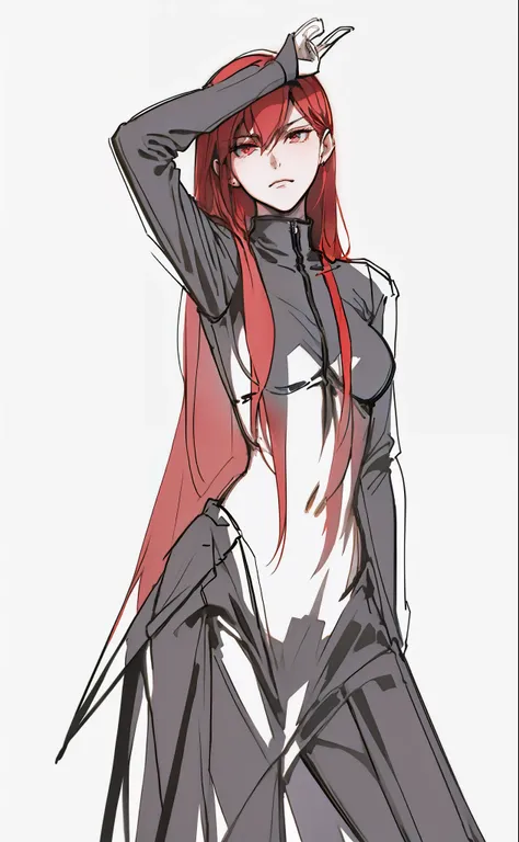 a drawing of a woman with long red hair, sketchy artstyle, makise kurisu, anime woman fullbody art, hands behind her body pose!, kurisu makise, erza scarlet as a real person, zero two, pudica pose gesture, full body concept, badass pose, neutral pose, unkn...
