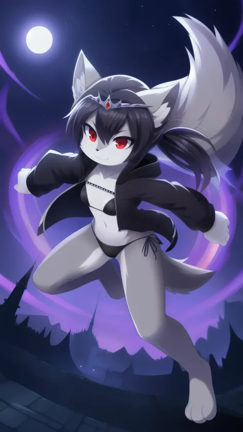 furry girl, wolf, black hair, punk hairstyle, long spiky ponytail, anime style, small breasts, red eyes, ((black hoodie jacket, open clothes, black bikini, black skirt, princess tiara)), magic castle, night sky, stars on sky, big Moon, high quality, detail...