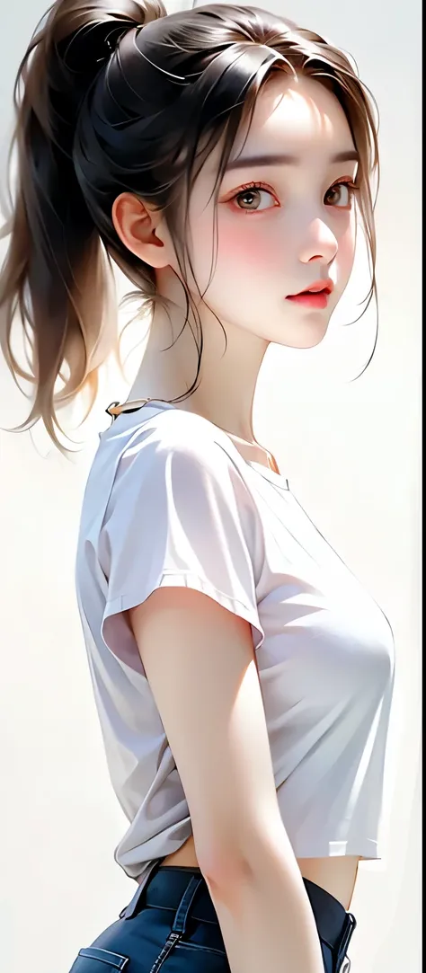 adorable girl . very kawaii , round face . solo , slim , medium breasts , short stature . glossy skin . plain white t-shirt . sh...