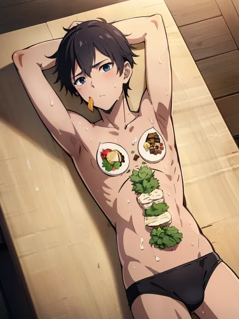 Highres, Masterpiece, Best quality at best,Best Quality,hight quality, hight detailed, (1boy, Boy, Shota, Black skin), Cat ear, Shirtless, (Showing armpit:1.2), Nyotaimori, Food on his body, Food on his stomach, Food on his chest, sweat, Seen from above, O...