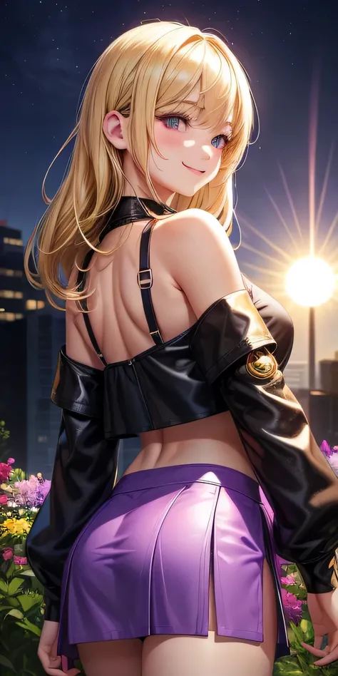 1 girl, blonde hair, black eye, shining eyes, purple crop top, Purple miniskirt, smile､realistic, blush, night, flowers, sun, sunlight, masterpiece, 最high quality, high quality, High resolution､View from behind