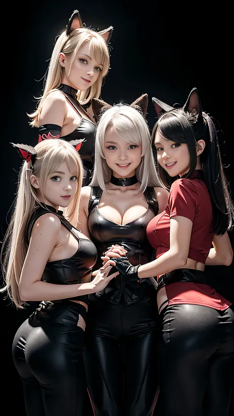 All intricates detail: "(three clone girls are holding hands and smiling, dog ears, only 3 girls view, 18 years old, red eyes, (black demon tail), long white hair, fangs, red shirt, arm garter, open mouth, black vest, gloves, looking at viewer, smile, blac...