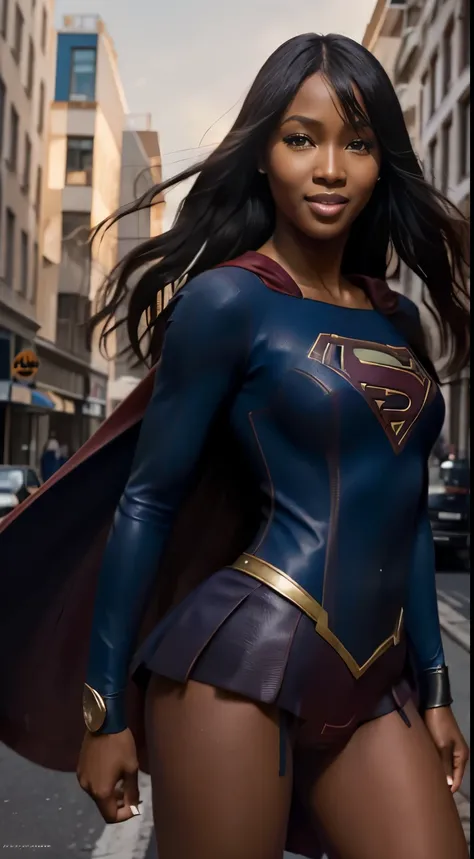 Foto hiperrealista en primer plano de Naomi Campbell aas a Supergirl on the city street, Supergirl outfit, cinematic light, beautiful woman, skinny, medium breasts, black long hair, detailed face, smile, facing the camera, photo taken from a distance, age ...