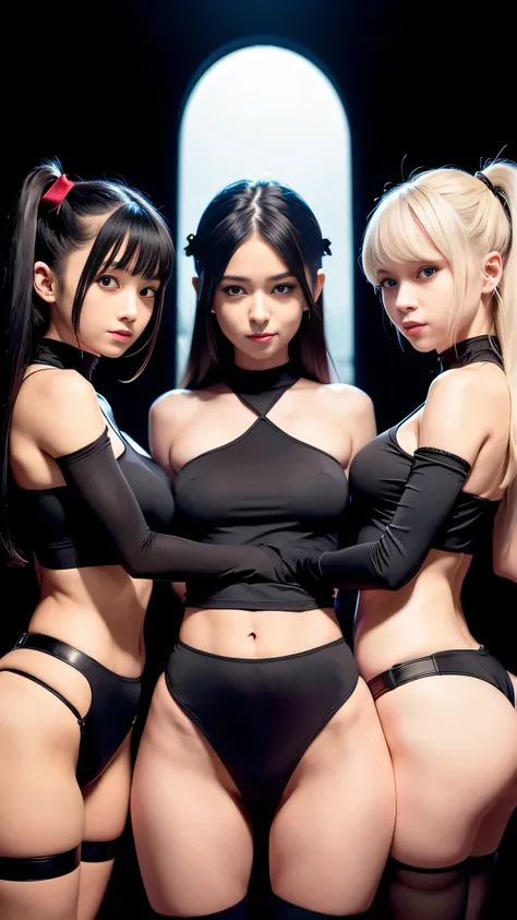 All intricates detail: "(three clone girls are holding hands and smiling, dog ears, only 3 girls view, 18 years old, red eyes, (black demon tail), long white hair, fangs, red shirt, arm garter, open mouth, black vest, gloves, looking at viewer, smile, blac...