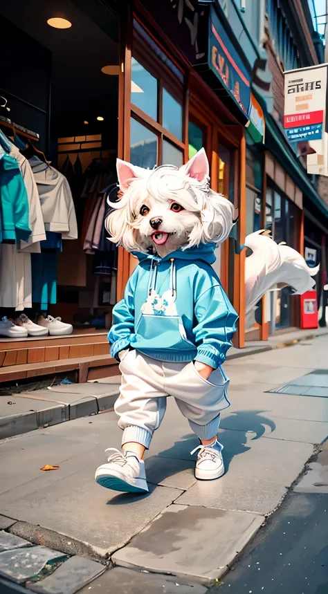 There is a little white dog，Wearing a sweater and pants, wearing sportswear, beast in fashionable clothes, wearing sportswear, Wear cyan clothing, Very fashionable, she is wearing streetwear, wearing a hoodie and sweatpants, cute sportswear, Wear it for a ...