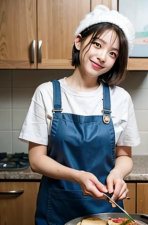 20 year old woman、cooking teacher、smile、hat、bright clothes、Good impression、apron、clean kitchen、Cooking Classes、cookware、short hair、cute、Beautiful woman