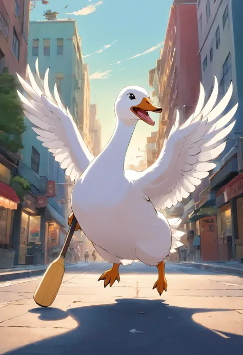 Colossal white goose holding a baseball bat, chasing down a small golden shiba-inu dog, city background, 32k, high definition, lots of detail on goose