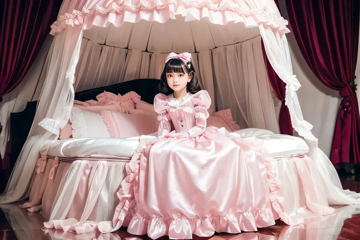 Photography,highest quality, masterpiece, highest resolution, artwork, super それにget used to it, many get used to it, get used to it, それにget used to it,(), Girl, 10 years old,the girl is a princess,((girly dark pink satin fabric)), ((A Victorian ballgown dr...