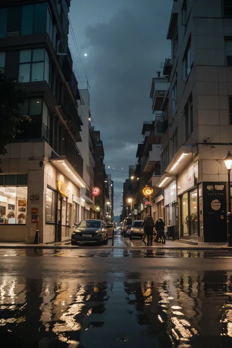 Rainy Day, The streets of the city, water reflecting on the ground, flower pot,pedestrian, Automotive lighting, pedestrian도로, building on the right, signboard, Street lamp, dinner