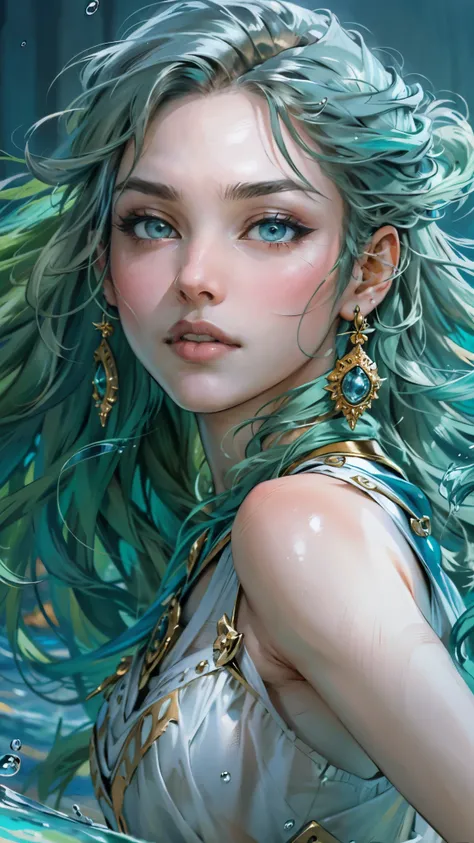 A beautiful woman with cascading waves of aqua-blue long hair, exquisite facial features, a melancholic expression, delicate and bright eyes, skin as smooth and radiant, her slender and graceful figure dances like water splashes in the wind, a splendid fan...