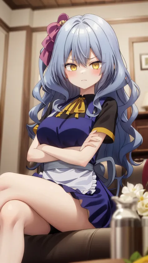 One girl with wavy hair, bangs, yellow eyes, looking at viewer, blushing, embarrassed, serious expression, indoor, living room, t shirt, thigh, apron, sitting, crossed legs, bare legs, crossed arms, mid-chest, day atmosphere, hair ornament, medium breasts,...