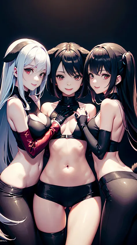 All intricates detail: "(three clone girls are holding hands and smiling whit demon black tails, dog ears, only 3 girls view, 18 years old, red eyes, (black demon tail), long white hair, fangs, red shirt, arm garter, open mouth, black vest, gloves, looking...