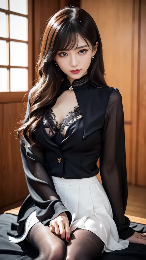 Super detailed、Japanese、charming beauty、seductive adult woman、Dainty woman、sharp eyes、cool girl、wavy hair、suit、Black chiffon、lacy fabric、wide sleeve、Jacket、white blouse、flare skirt、pantyhose、Shiny legs、evilの幹部、evil depravity、brainwashing、Mind control、left ...