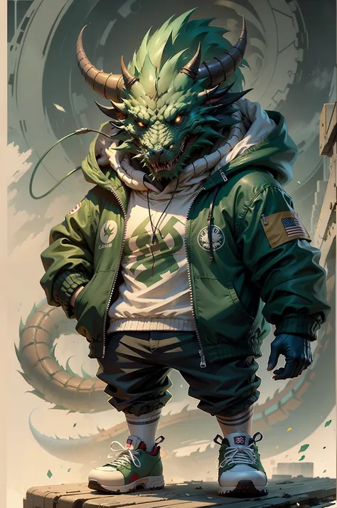 c4tt4stic, cartoon dragon in jacket green and skateboard, background china