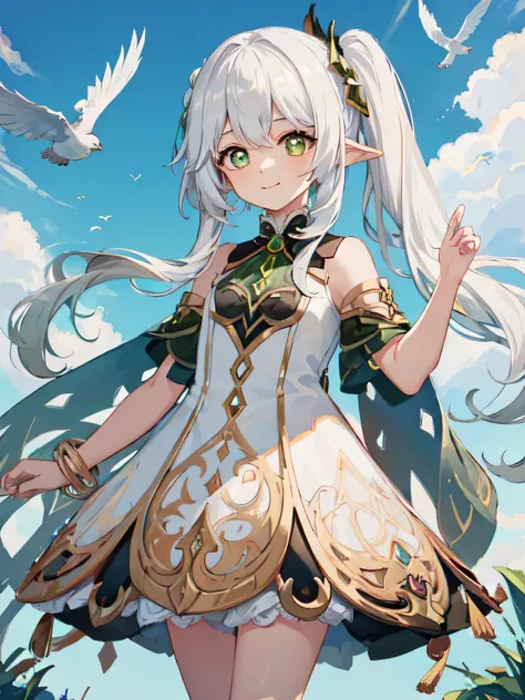 (RAW photo,best quality,high quality, masterpiece:1.2),1girl,,young face,young girl,Nahida(genshin impact),cross shaped pupils,default dress,green cape,white hair,smile,Blue sky, doves in the sky, tree branches