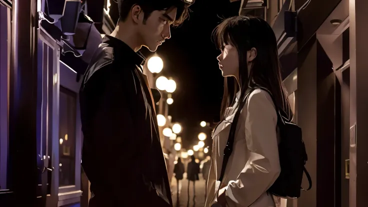 They are standing in a dark alley with backpacks, Looking at each other without thinking, movie still 8 k, still from a live action movie, on the city streets, japanese cartoon movies. soft lighting, a scene from a movie, 실사 a scene from a movie, Loisi and...