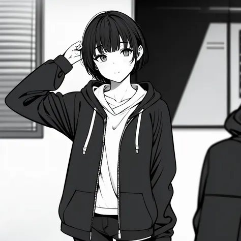 girl with straight short hair , wearing hoodie