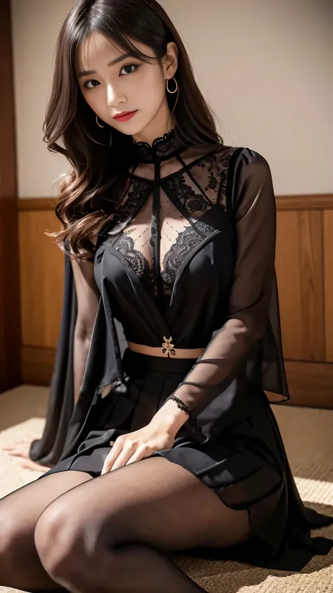 Super detailed、Japanese、charming beauty、seductive adult woman、Dainty woman、sharp eyes、cool girl、wavy hair、suit、Black chiffon、lacy fabric、wide sleeve、Jacket、white blouse、flare skirt、pantyhose、Shiny legs、evilの幹部、evil depravity、brainwashing、Mind control、left ...